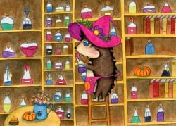 sorcière hérisson devant des étagères à potions - dessiné par l'illustratrice Aline Richard