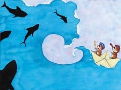 paysage vagues avec hérissons en bateau par l'illustratrice Aline Richard