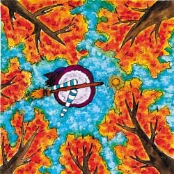 sorcière sur son balais vue de dessous, dans la forêt, réalisé par l'illustratrice Aline Richard