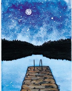 paysage forêt, lac et ponton dessiné par l'illustratrice Aline Richard