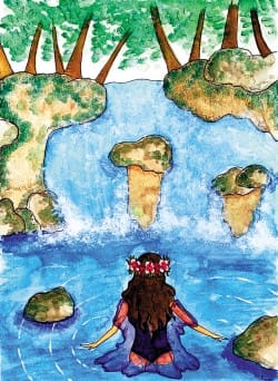 cascade et femme avec coiffe fleurie dessiné par l'illustratrice Aline Richard