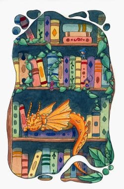 Dragon dans bibliothèque de Aline Richard illustration