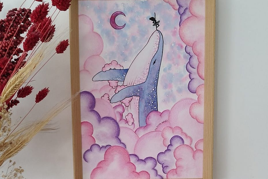aquarelle originale baleine et nuages par Aline Richard illustration